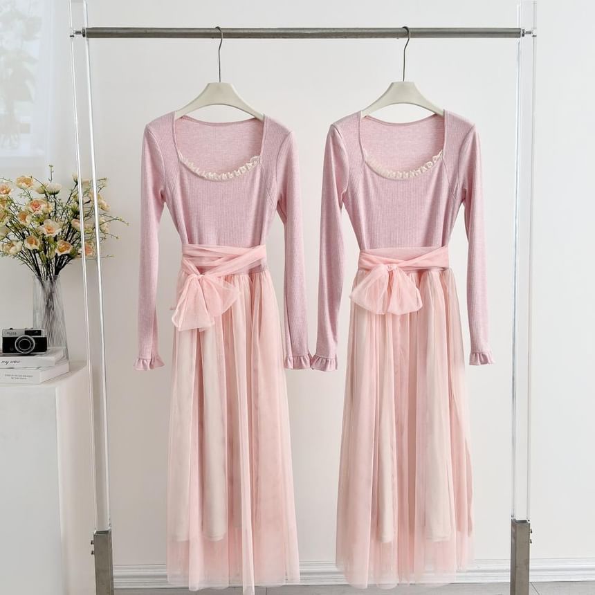 Long-Sleeve Square Neck Mesh Panel Maxi A-Line Dress