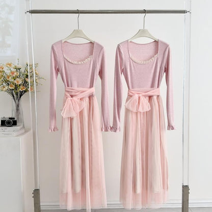 Long-Sleeve Square Neck Mesh Panel Maxi A-Line Dress