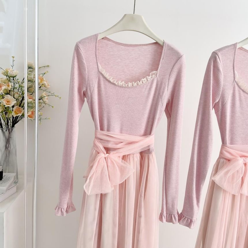 Long-Sleeve Square Neck Mesh Panel Maxi A-Line Dress