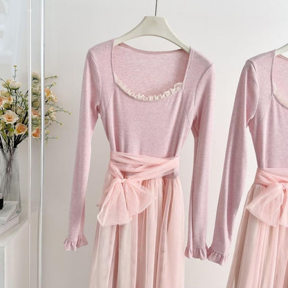 Long-Sleeve Square Neck Mesh Panel Maxi A-Line Dress