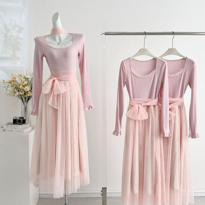 Long-Sleeve Square Neck Mesh Panel Maxi A-Line Dress