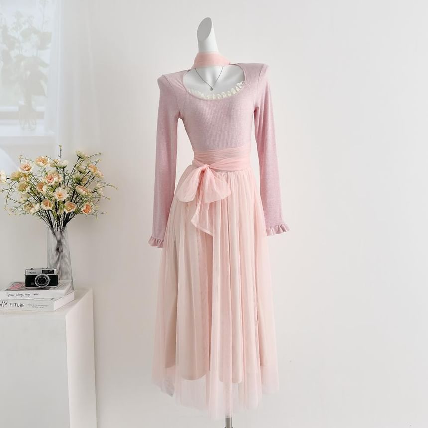 Long-Sleeve Square Neck Mesh Panel Maxi A-Line Dress