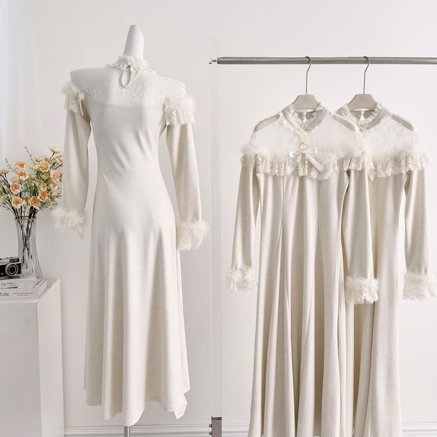 Long-Sleeve Mesh Panel Maxi A-Line Dress