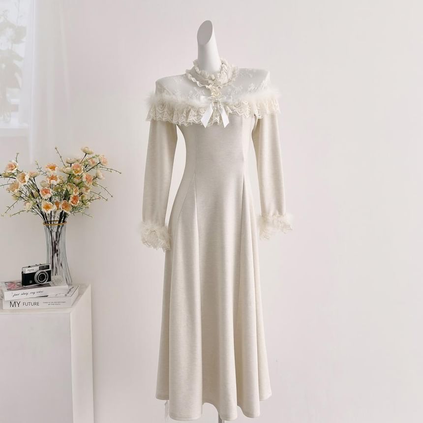 Long-Sleeve Mesh Panel Maxi A-Line Dress