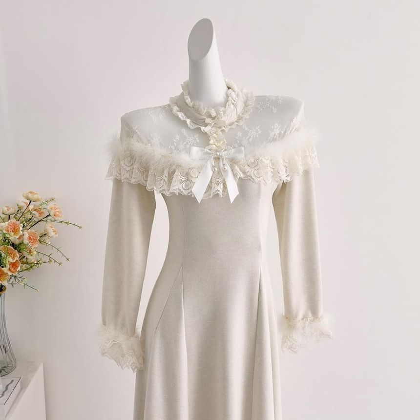 Long-Sleeve Mesh Panel Maxi A-Line Dress