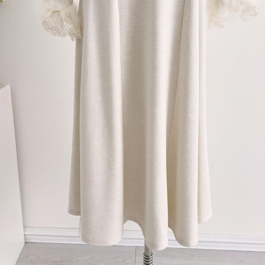 Long-Sleeve Mesh Panel Maxi A-Line Dress