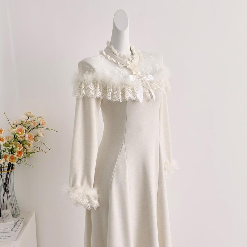 Long-Sleeve Mesh Panel Maxi A-Line Dress