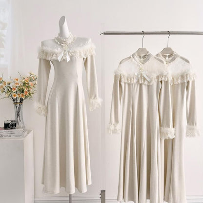 Long-Sleeve Mesh Panel Maxi A-Line Dress