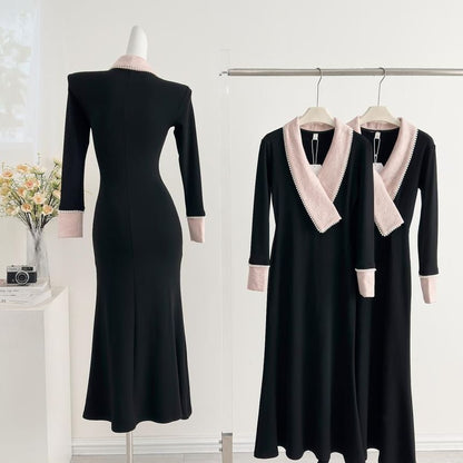 Long-Sleeve V-Neck Two Tone Knit Maxi Sheath Dress