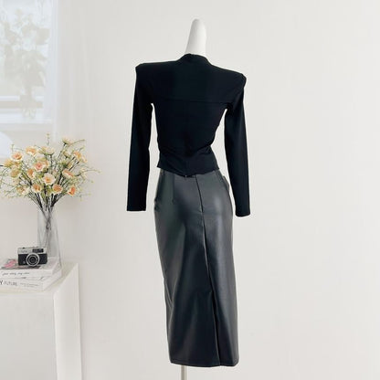 V-Neck Crop Top and Faux Leather Maxi Skirt Set