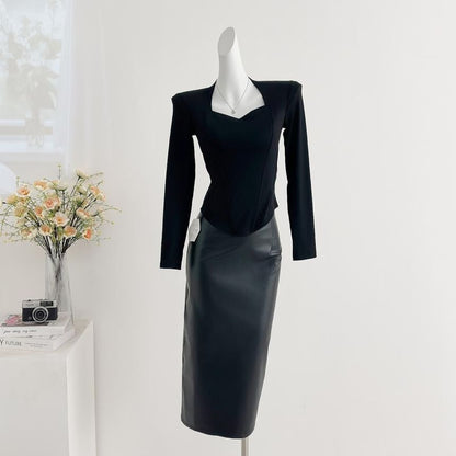 V-Neck Crop Top and Faux Leather Maxi Skirt Set