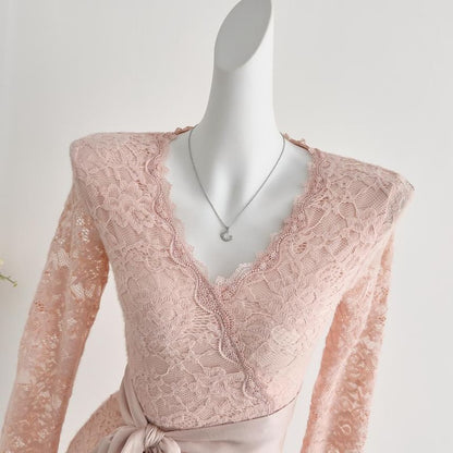 Long-Sleeve V-Neck Lace Maxi A-Line Dress