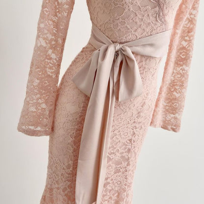 Long-Sleeve V-Neck Lace Maxi A-Line Dress