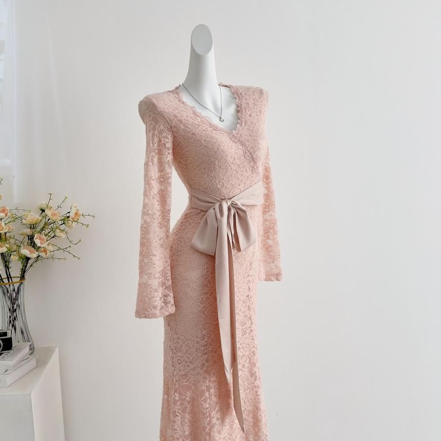 Long-Sleeve V-Neck Lace Maxi A-Line Dress