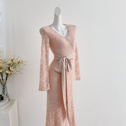 Long-Sleeve V-Neck Lace Maxi A-Line Dress