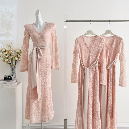 Long-Sleeve V-Neck Lace Maxi A-Line Dress