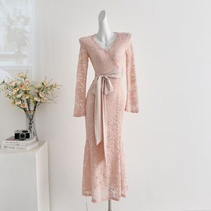Long-Sleeve V-Neck Lace Maxi A-Line Dress