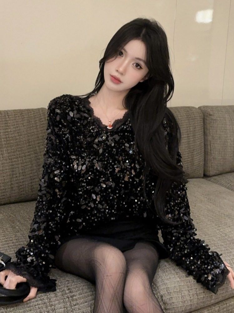 Sequin Fringe Lace V-Neck Long Sleeve Blouse