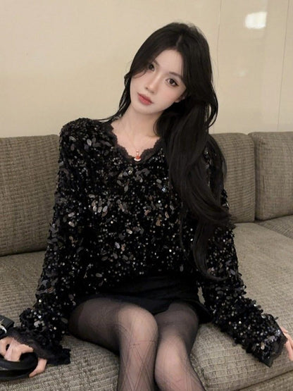 Sequin Fringe Lace V-Neck Long Sleeve Blouse