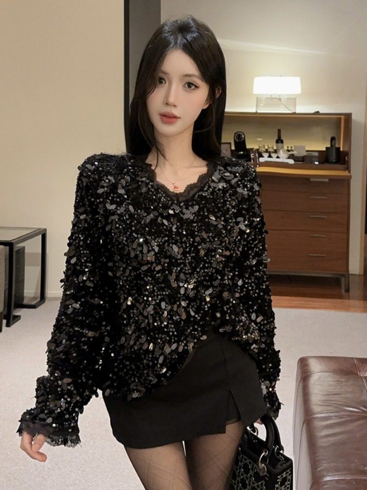 Sequin Fringe Lace V-Neck Long Sleeve Blouse