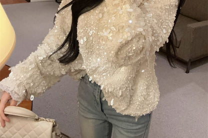 Sequin Fringe Lace V-Neck Long Sleeve Blouse