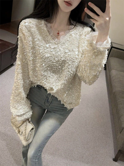 Sequin Fringe Lace V-Neck Long Sleeve Blouse