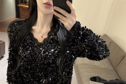 Sequin Fringe Lace V-Neck Long Sleeve Blouse