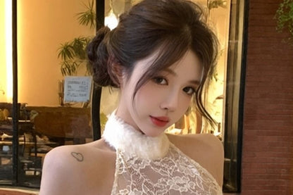 Halter Neck Lace Panel Fluffy Crop Top