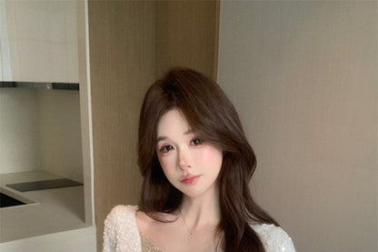 Sequin Chain Knit V-Neck Long Sleeve Top