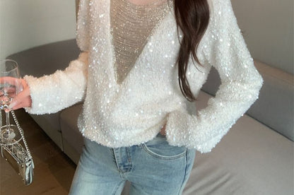 Sequin Chain Knit V-Neck Long Sleeve Top