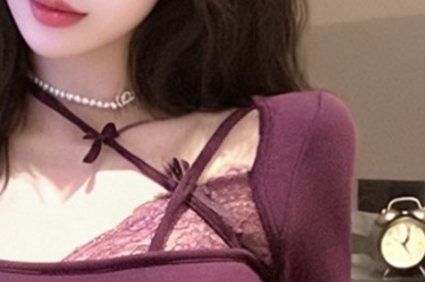 Long-Sleeve Halter Neck Asymmetrical Lace Panel Slit Crop Top