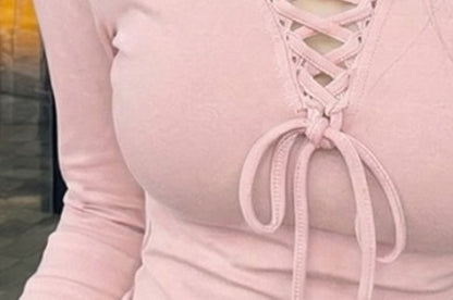 Long-Sleeve V-Neck Lace-Up Plain Slim Fit Crop Top