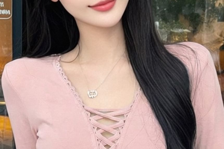 Long-Sleeve V-Neck Lace-Up Plain Slim Fit Crop Top
