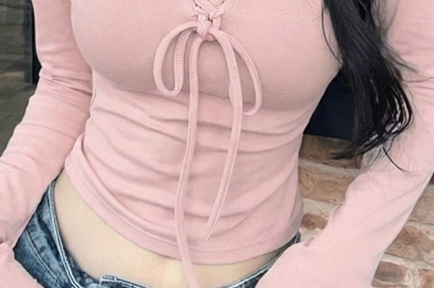 Long-Sleeve V-Neck Lace-Up Plain Slim Fit Crop Top