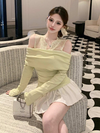 Mock Two-Piece Long-Sleeve V-Neck Cold Shoulder Lace Panel Ruched Top