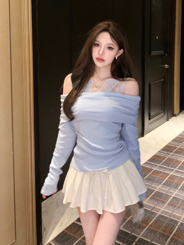 Mock Two-Piece Long-Sleeve V-Neck Cold Shoulder Lace Panel Ruched Top