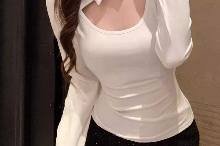 Cutout Collar Slim-Fit Long Sleeve Shirt