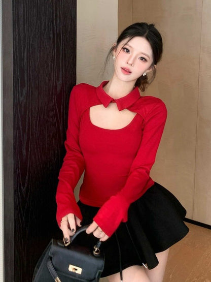 Cutout Collar Slim-Fit Long Sleeve Shirt