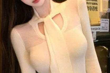 Sheer Panel Slim Knit Top & High-Waist Pencil Mini Skirt