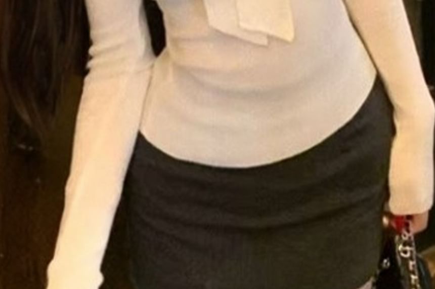 Sheer Panel Slim Knit Top & High-Waist Pencil Mini Skirt