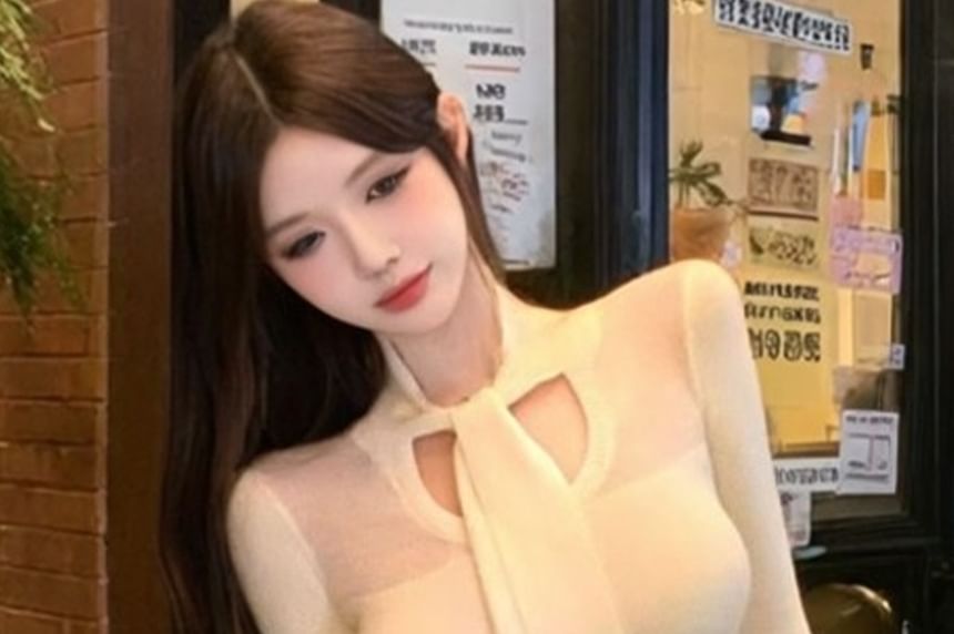 Sheer Panel Slim Knit Top & High-Waist Pencil Mini Skirt