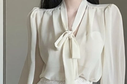 Long-Sleeve Sheer Tie-Neck Blouse & Lace Pencil Mini Skirt