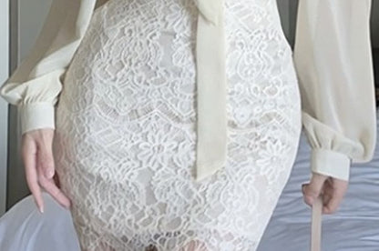 Long-Sleeve Sheer Tie-Neck Blouse & Lace Pencil Mini Skirt