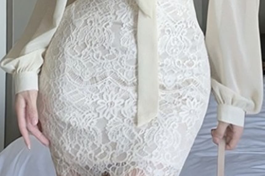 Long-Sleeve Tie-Neck Plain Sheer Blouse / High Waist Lace Mini Pencil Skirt