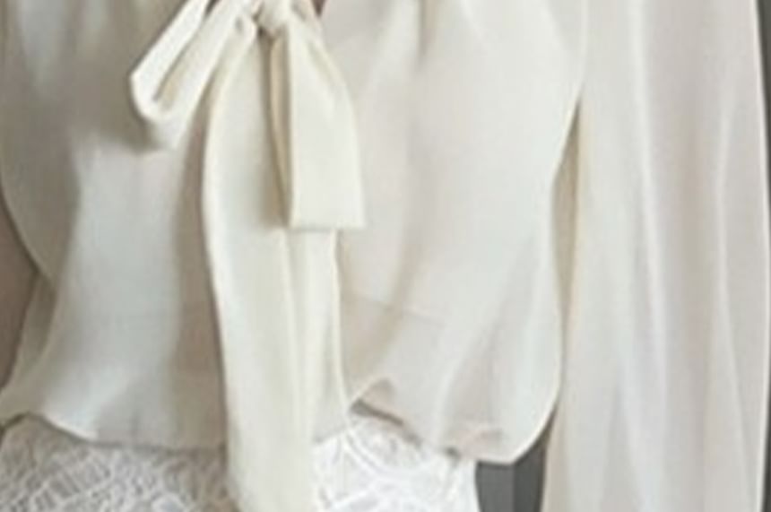 Long-Sleeve Sheer Tie-Neck Blouse & Lace Pencil Mini Skirt