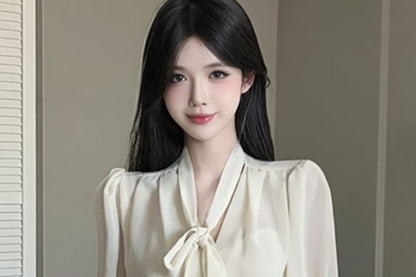 Long-Sleeve Tie-Neck Plain Sheer Blouse / High Waist Lace Mini Pencil Skirt