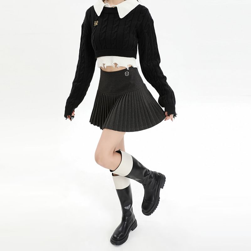 High-Waist Pleated Solid A-Line Mini Skirt