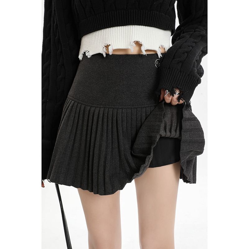 High-Waist Pleated Solid A-Line Mini Skirt