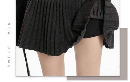 High-Waist Pleated Solid A-Line Mini Skirt