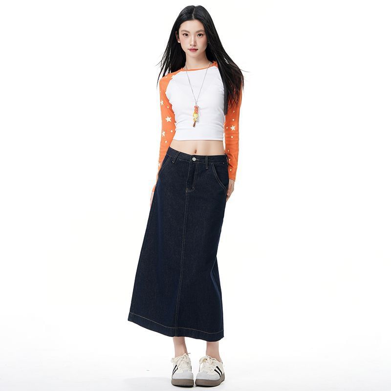 Unwashed Denim A-Line Midi Skirt - Mid Waist
